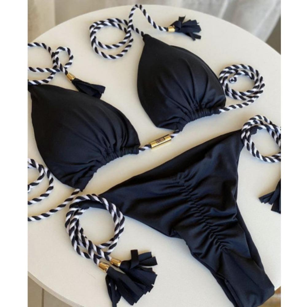 Costum de baie european și american geantă triunghiulară sexy pentru femeie Split Culoare uni Bikini sexy cu frânghie împletită multicoloră