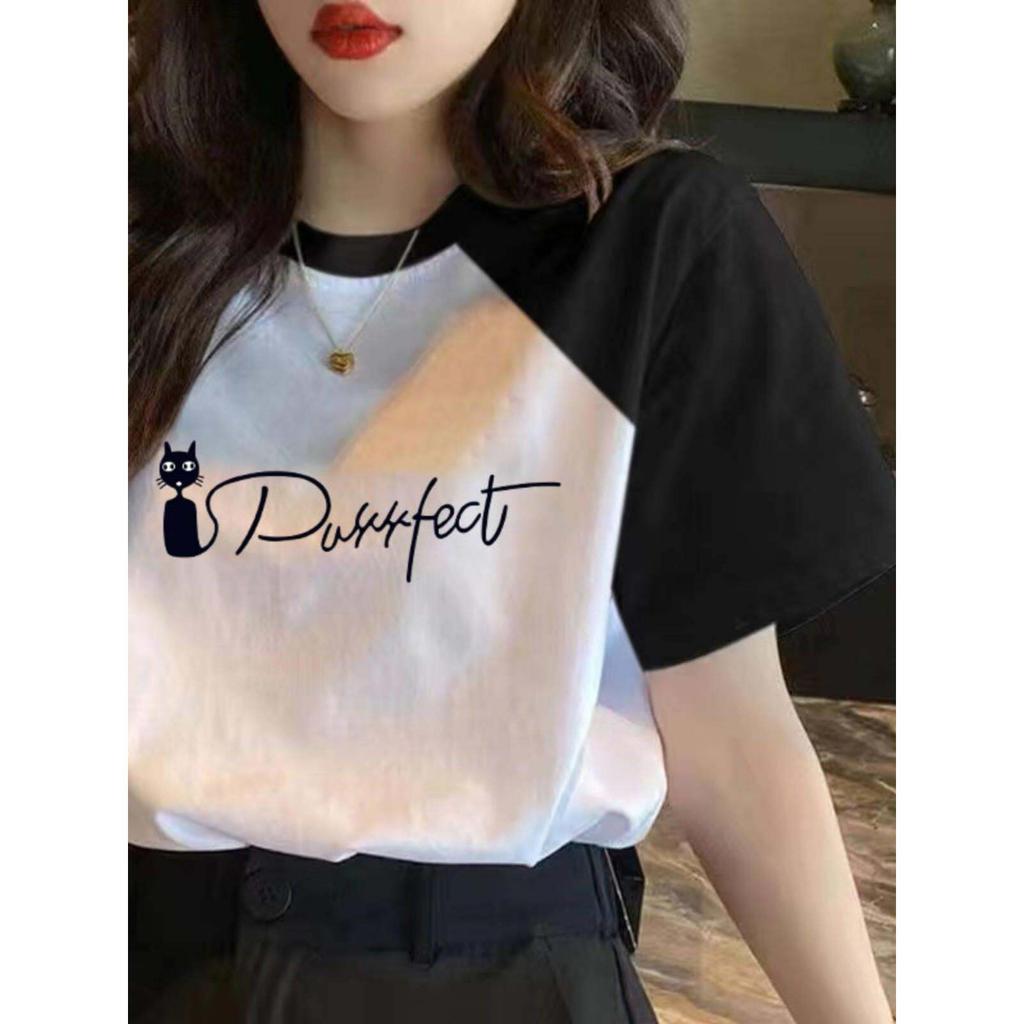 T-shirt da donna a maniche corte con design sulle spalle, top color block primavera ed estate, stile coreano, scollo rotondo ampio