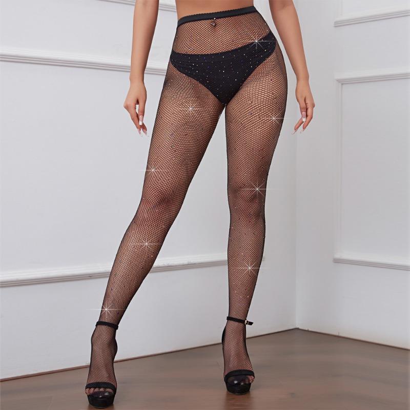 Sexy Plus Size Colorful Rhinestone Open Crotch Fishnet Pantyhose Stockings