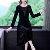 Women's Velvet Long Sleeve V-Neck Mesh Detail Elegant Midi A-Line Evening Party Formal Slim Dress