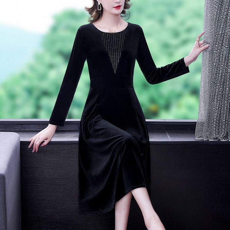 Women's Velvet Long Sleeve V-Neck Mesh Detail Elegant Midi A-Line Evening Party Formal Slim Dress