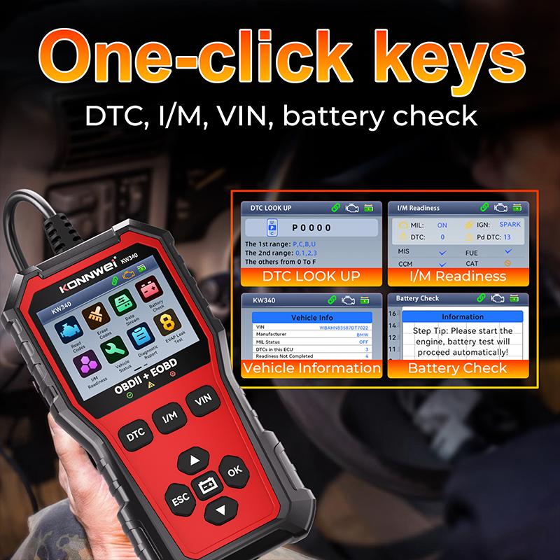 KONNWEI KW340 Car OBD2 Diagnostic Tool CAN EOBD 3in1 Engine Battery Test Read Clear Fault Code Real-Time Data O2 Inspection Tool