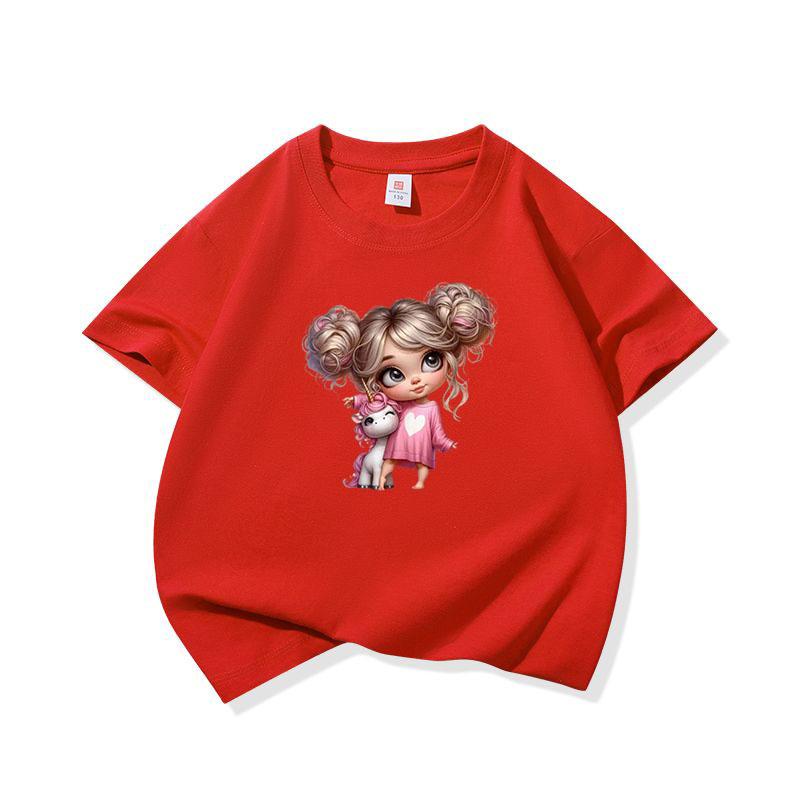Kids Cotton T Shirt Charming Girl With Pink Unicorn Print Crew Neck Short Sleeve Tee Casual Boys Girls Summer Tops