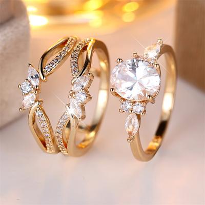 Oval Stone White Zircon Cute Flower Ring Sets For Women Vintage Gold Color Engagement Bands Wedding Jewelry Set Versatile Gifts