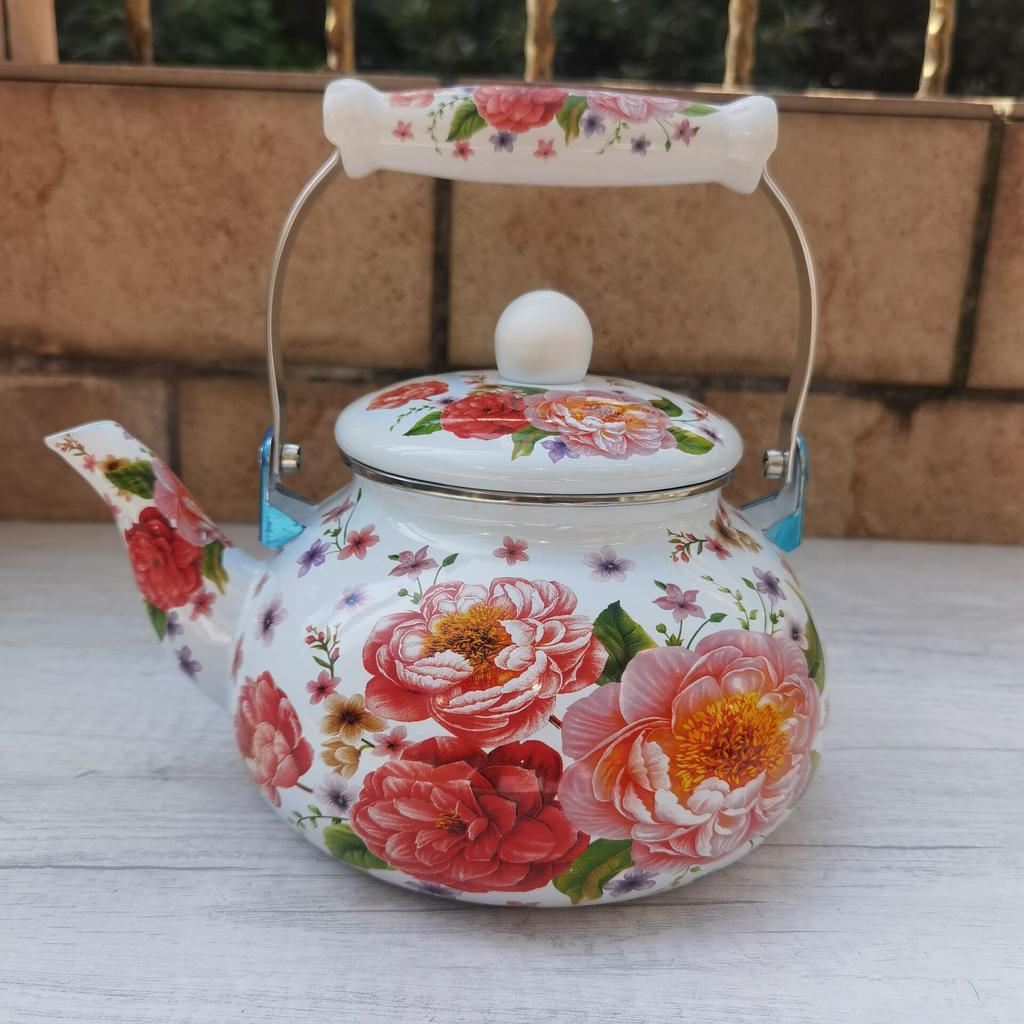 2.5 Quart Vintage Enamel Tea Kettle Green Floral Enamel on Steel Teapot with Handle for Stovetop Home Afternoon Tea Set Kettle