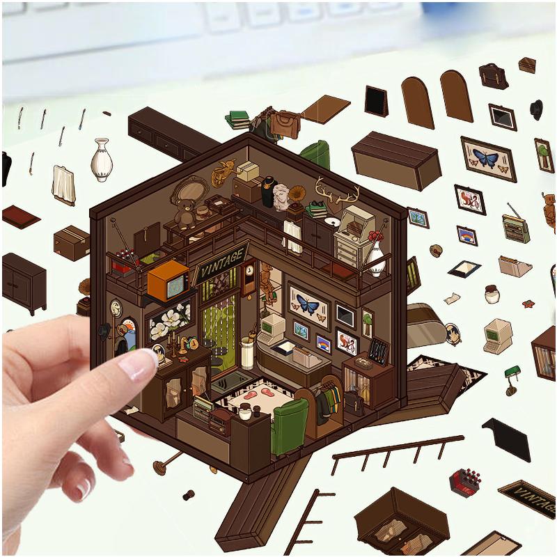 

6pc Cartoon landscape stickers, multiple miniature worlds,3D cabins, Xiaohongshu decompression, DIY scene, hand account stickers