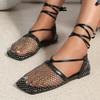 Women's Square Toe Fishnet Socks Mesh Anklet Strap Sandals Fashion Plus Size Colored Rhinestone Flat Sandals