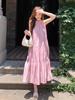 French beautiful neck dress women's summer medium and long dress small pink unique sleeveless seaside tie-dye skirt