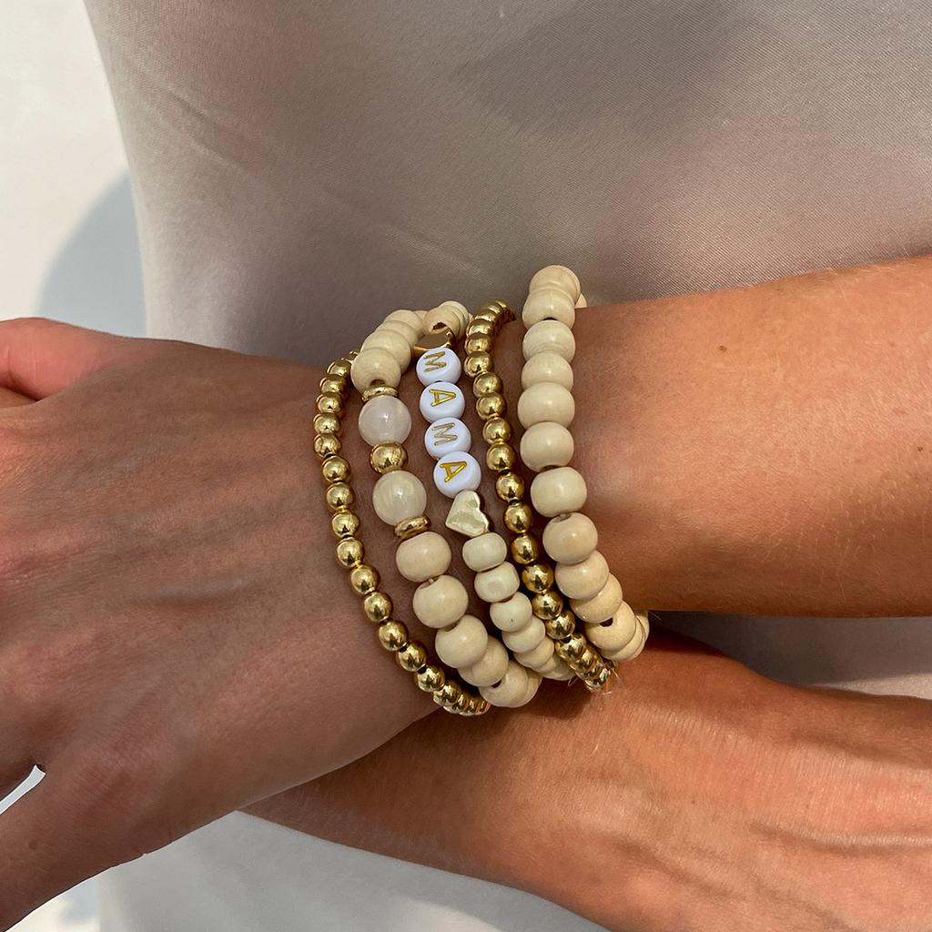 Bohemian Style Wood Bead Stacked Bracelet, Ethnic Style Letter Soft Pottery Round Bead Bracelet Female