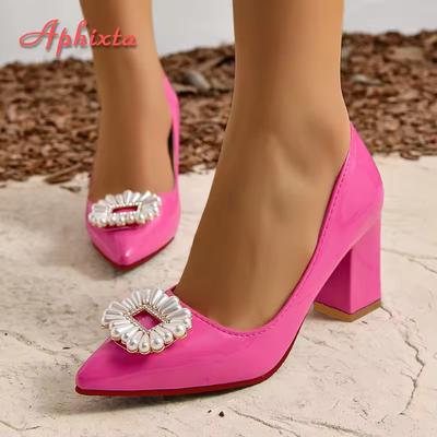 Fashion Aphixta 2025 Luxury Pearl Crystals Buckle Baby Pink Pumps Women Shoes Chunky Heel Parent-child Students Big Size 35-53