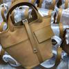 2026 New Cowhide with Canvas Vegetable Basket Bag Lock Pocket Change Bag Fashion Casual Portable Canvas Bag