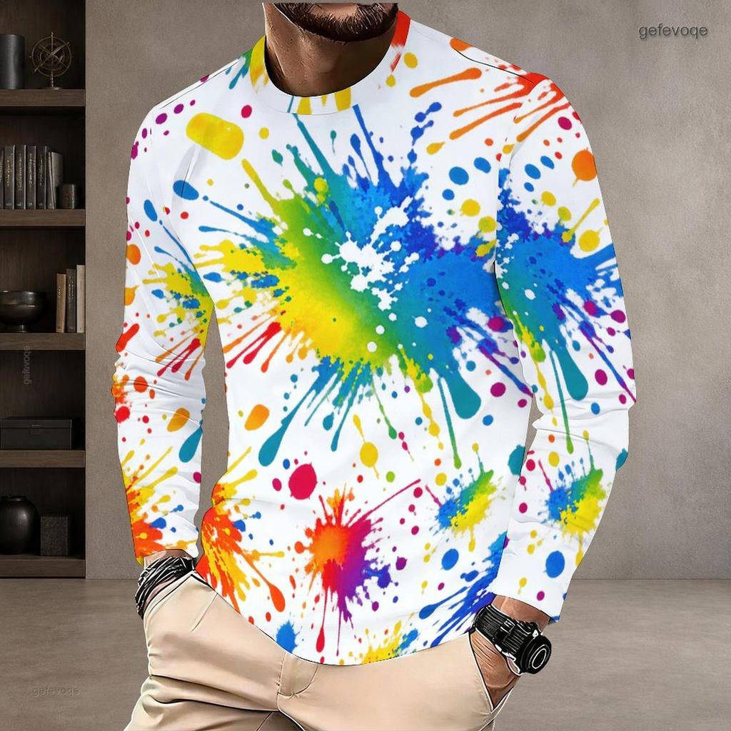 Herren Plus Size Rundhals Langarm Bedrucktes T-Shirt Weiß Lila Blau Pullover