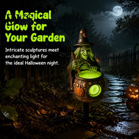 Outdoor Solar Powered Resin Sculptures Dragon Garden Statue Light, Halloween Witch Pathway Warm Figurine Lighting LED Glow, Gothic Medieval