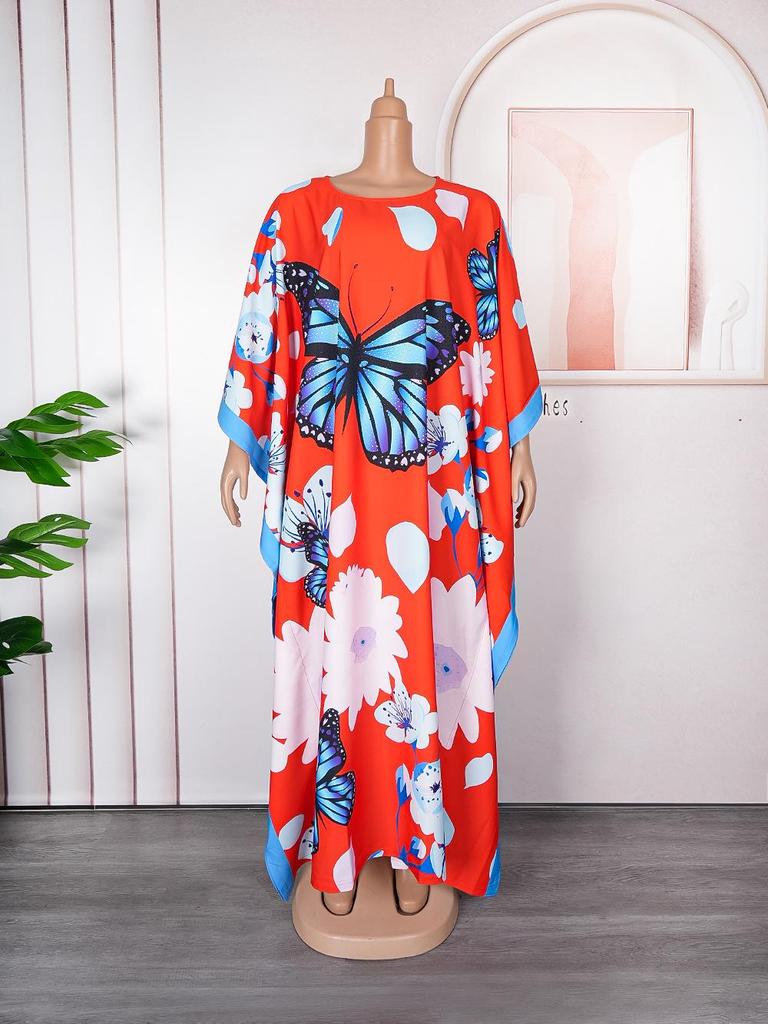 African Batwing Sleeve Chiffon Robe: Loose Plus Size Muslim Women's Printed Dress