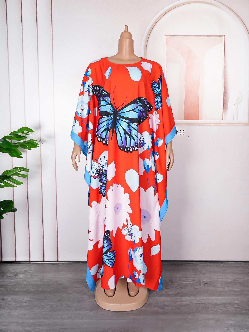 

African Batwing Sleeve Chiffon Robe: Loose Plus Size Muslim Women s Printed Dress One Size червоний