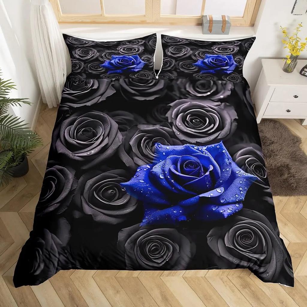 Royal Blue Roses Bedding Set Valentine's Day Flower Duvet Cover Girls Lovers Couple Comforter Cover Floral Polyester Quilt Cover