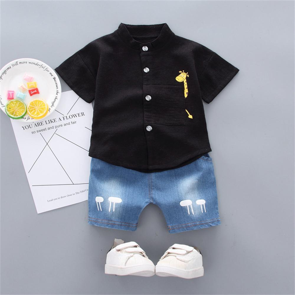 2PCS Baby Set Summer Fashion Simple Cartoon Giraffe Pattern Standing Neck Short Sleeve Denim Shorts Set