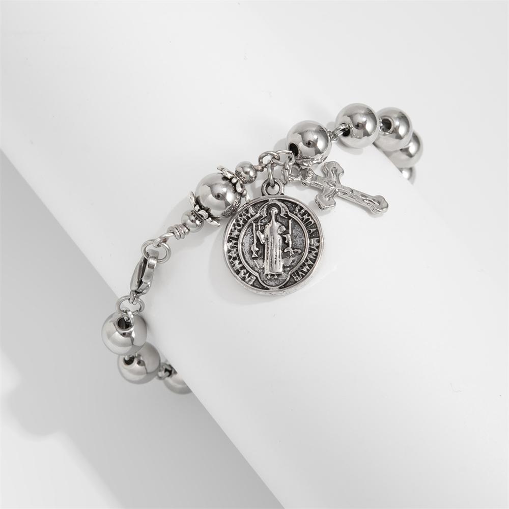 Fashionable Stainless Steel Round Bead Men's Hip-hop High-end Cross Pendant Men's Bracelet Handmade Charm Jewelry
