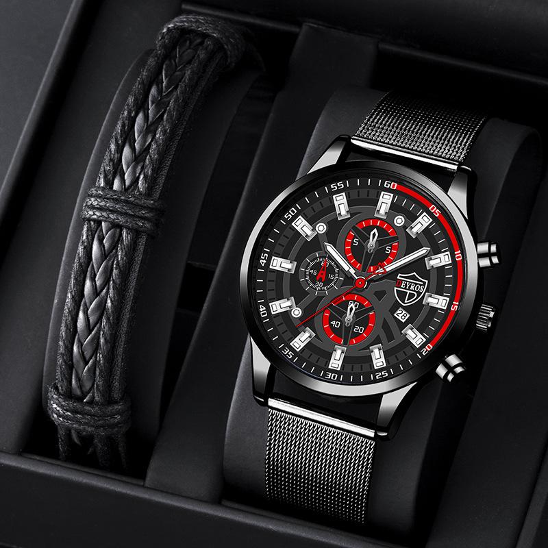 Men'S Watch Stainless Steel Mesh Strap Luminous Calendar Quartz Watch