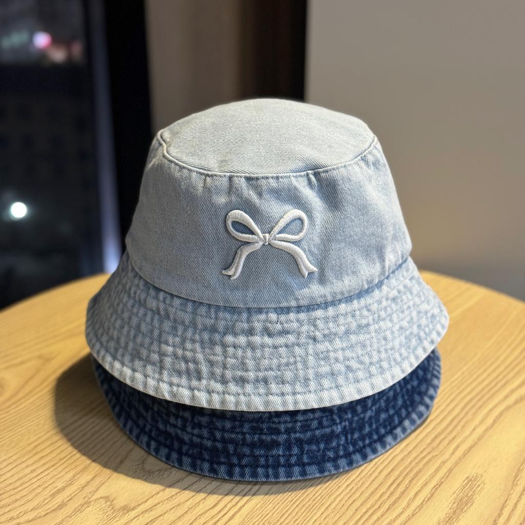 Korean-style bowknot fisherman hat for women, new denim summer sun protection hat, stylish hat that makes the face look smaller