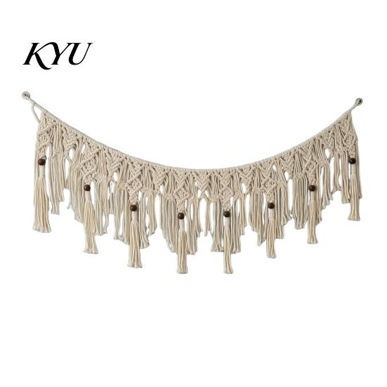 Small Window Treatment Boho Garland Wall Hanging with Wooden Beads, Hand Woven Cotton Tassel Banner, Handmade Tapestry Nordic Tapestry, Bohemian Decor