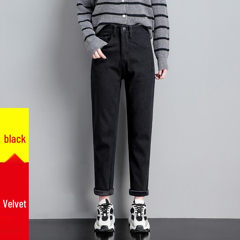Coffee Brown Women's High-Waisted Velvet-Lined Loose Jeans - Winter 2025 Harajuku Style Trousers