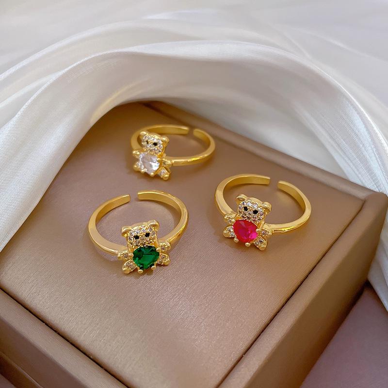 Real Gold Diamond Bear Open Ring Female Japanese And Korean Niche Simple Design Index Finger Ring