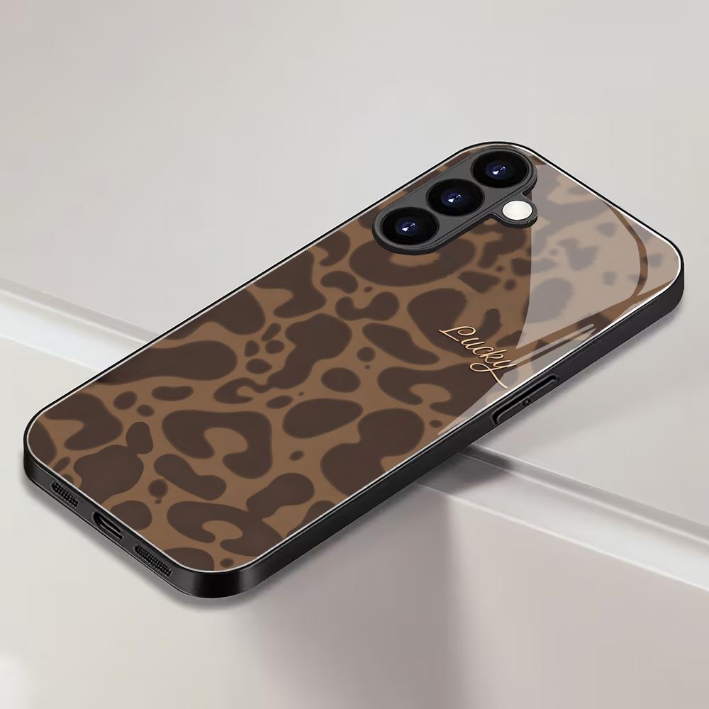 Lucky Leopard Print Black Glass Phone Case Suitable for Samsung Galaxy S26 S25 S24 S23 S22 S21 S20 FE/Ultra/Plus Anti Drop