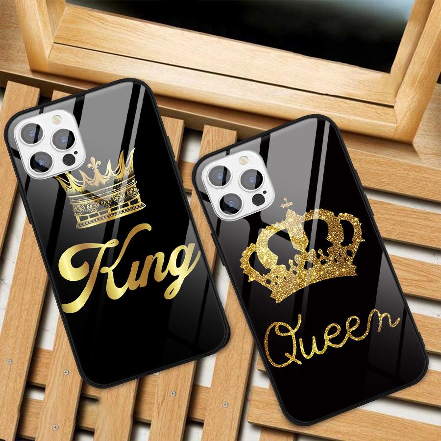 

Чехол для телефона из твердого закаленного стекла с изображением короля и королевы и короны для iPhone SE 2022 13 12 11 X XR Samsung S22 A32 A72 Xiaomi Redmi Note 11 10 9 8 Huawei P30