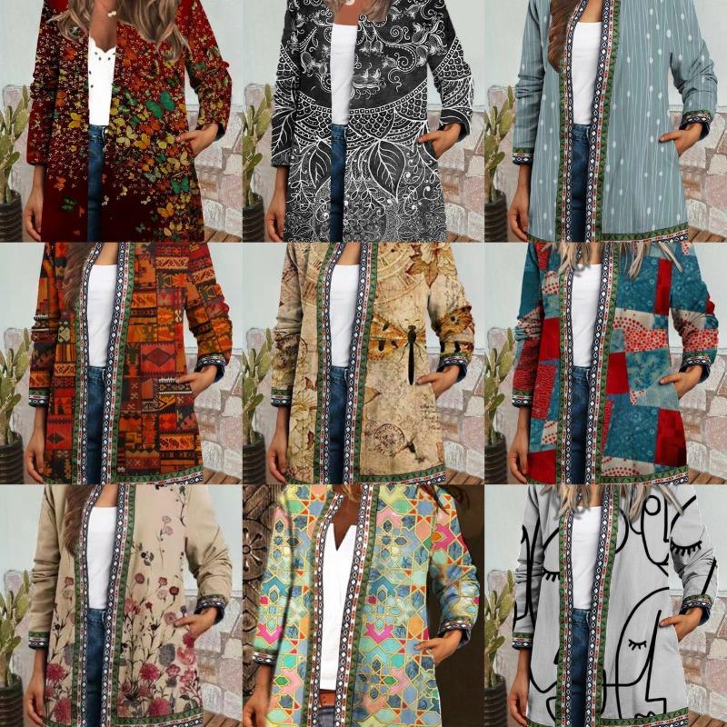 Women S Vintage Ethnic Print Plus Size Open Front Jacket