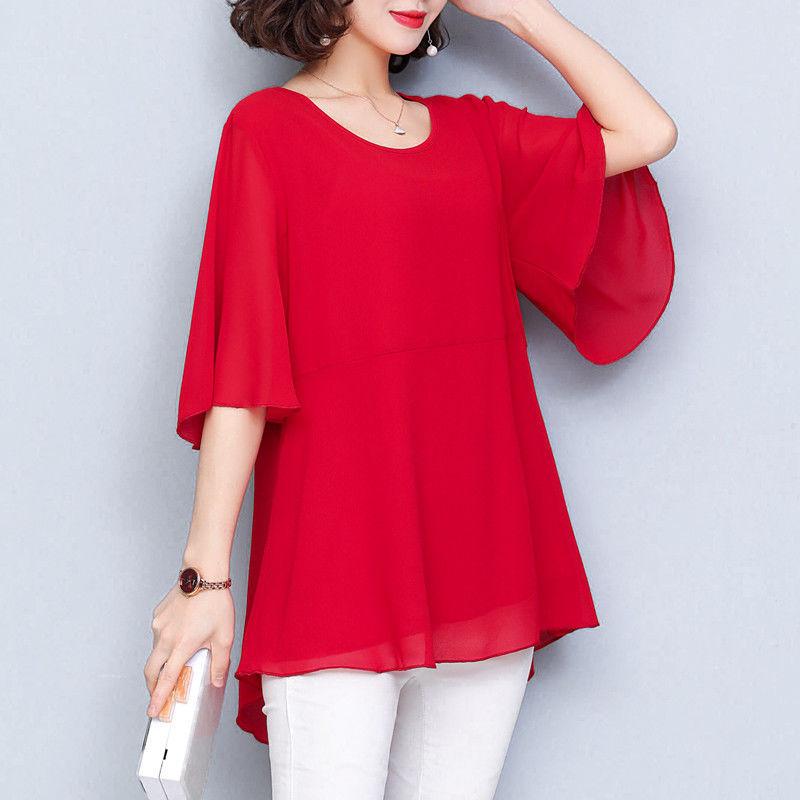 Plus Fat Plus Size Western-style Chiffon Shirt Women's Short-sleeved Summer Loose Fat Mm Cover Belly Top Middle-sleeved Mother's Small Shirt