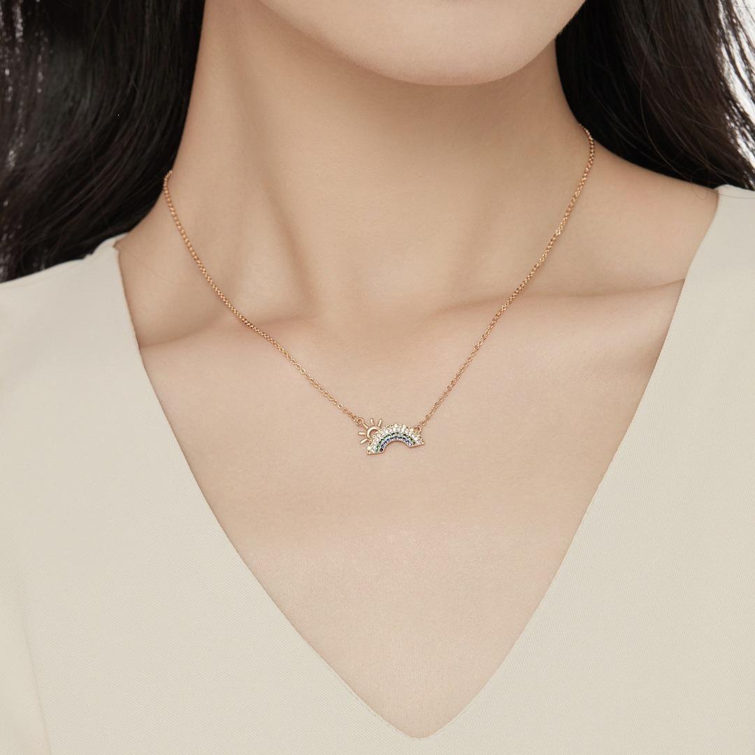 18K Gold Plated Sterling Silver Rainbow Zircon Pendant Necklace for Women - Elegant Clavicle Chain 18K Gold Color