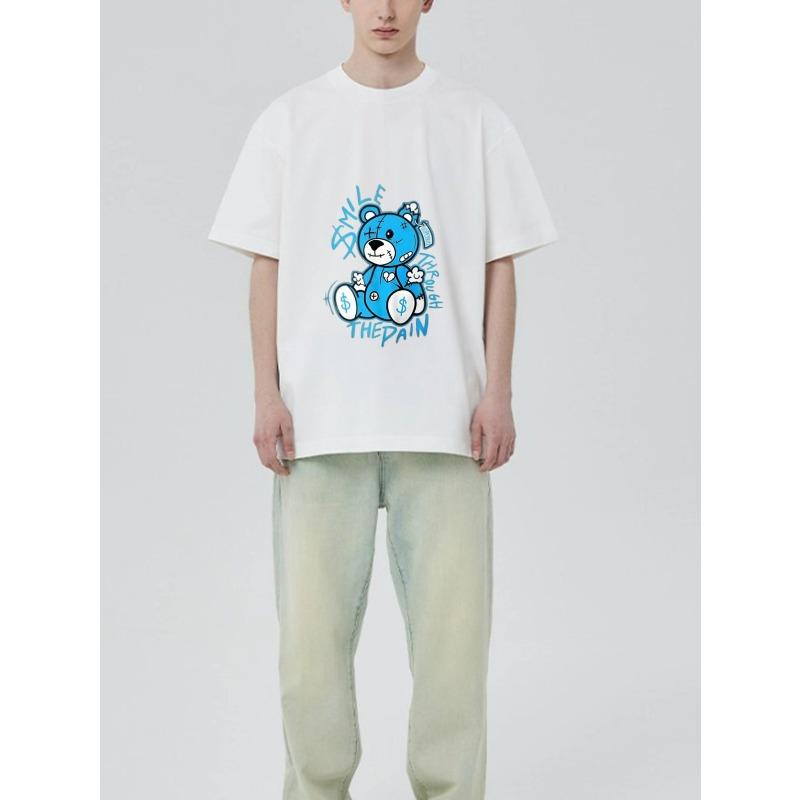 Black T Shirt with Blue Bear Graphic and Smile Through The Pain Text for Casual Wear