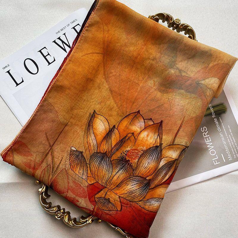 New Fashion Green Grass Women Chiffon Individuality Lotus Flower Georgette Bandana Scarf Summer Beach Sunscreen Thin hijab