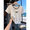 Shoulder pure cotton V-neck color matching short-sleeved T-shirt women's new Korean version of fashion versatile top trendy clothes