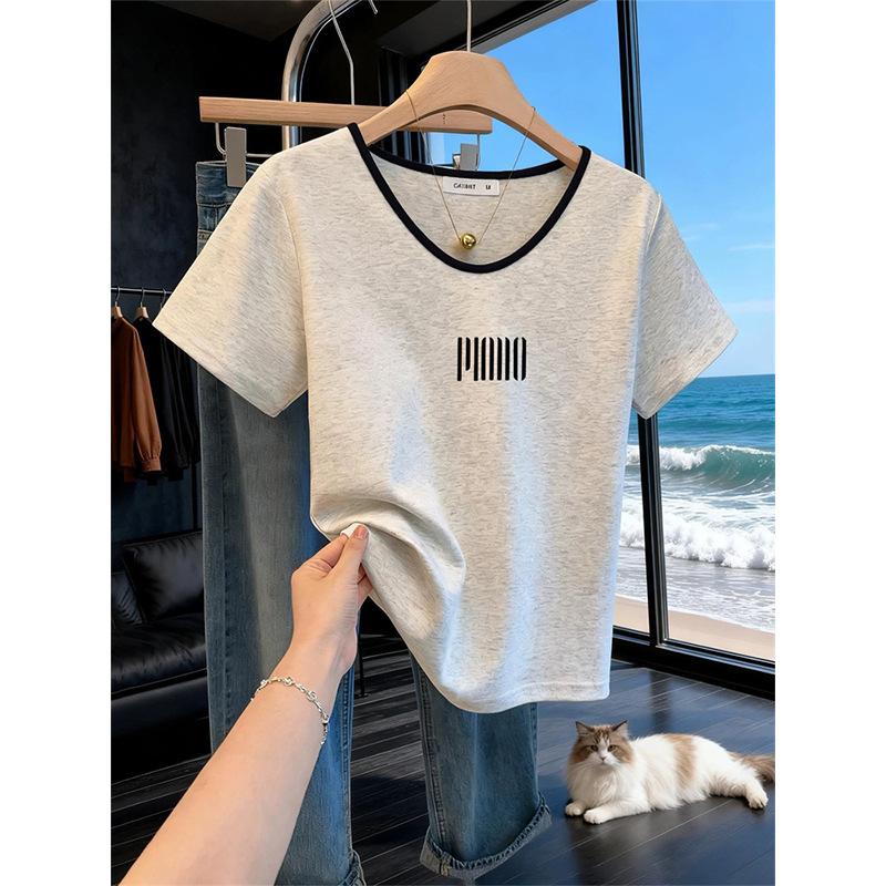 Shoulder pure cotton V-neck color matching short-sleeved T-shirt women's new Korean version of fashion versatile top trendy clothes