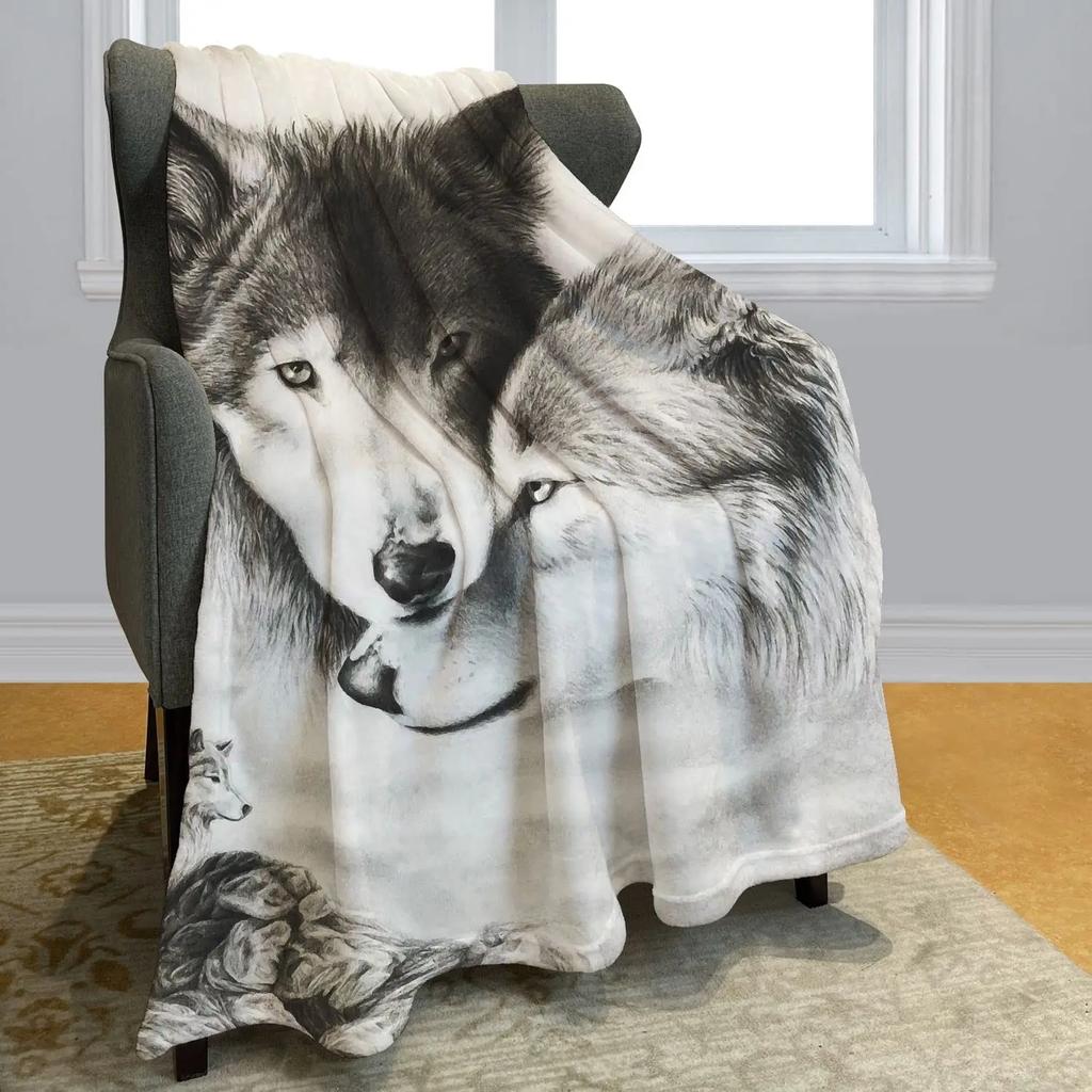 Colorful Galaxy Wolf Blanket, Soft Cozy Warm Fuzzy Flannel Throw Blankets, Wolf Purple Planet Blue Earth Blankets for Sofa Bed