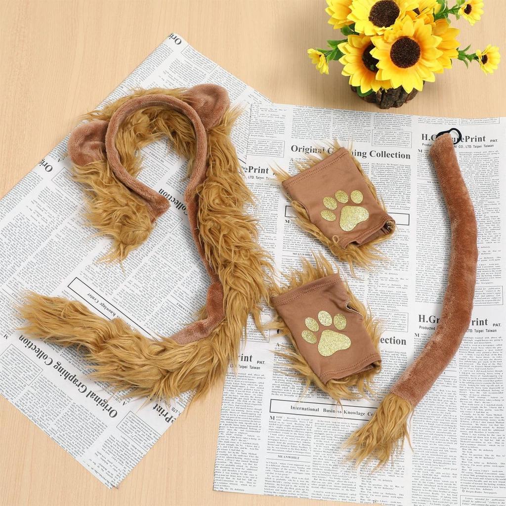 Generic Lion Design Cosplay Set for Hair Lion for Costume and Birthdays Kids, Hoop, Gloves, Tail, Brown, Parties, Halloween,