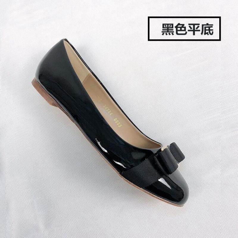 Patent leather leather single shoes bow flat bottom round head shallow mouth new red wedding shoes versatile thick heel medium heel women's shoes