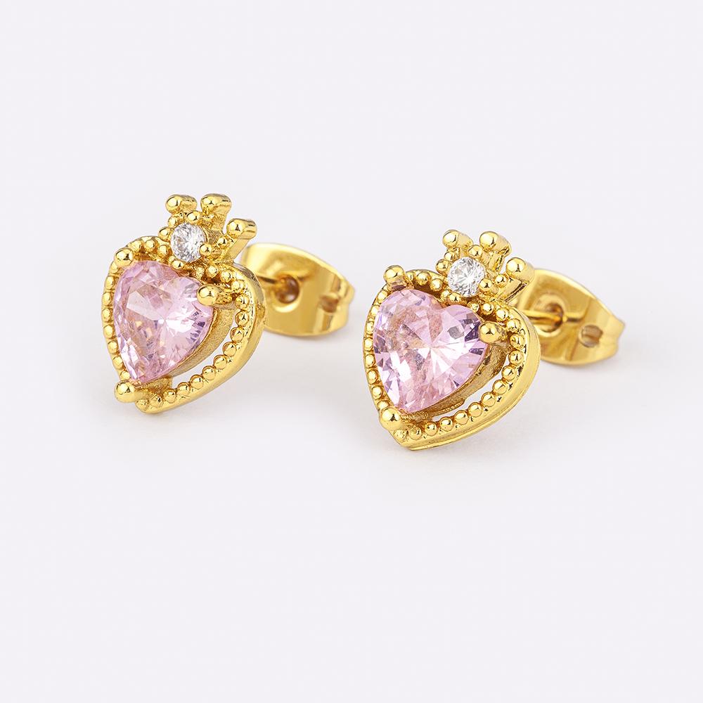 Nidin New Arrival Romantic Heart Shape Inlaid Pink Zircon Charm Stud Earrings for Women Birthday Party Ear Jewelry Delicate Gift