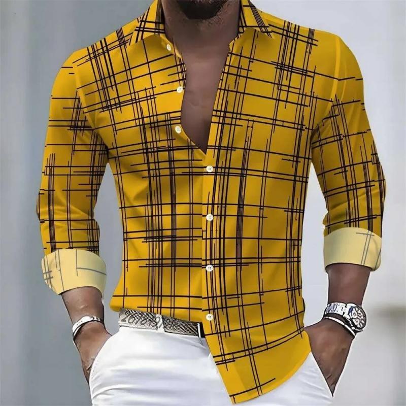 Men's Irregular Line Grid 3D Printed Long Sleeved Shirt, Business Casual Lapel Button Up Cardigan