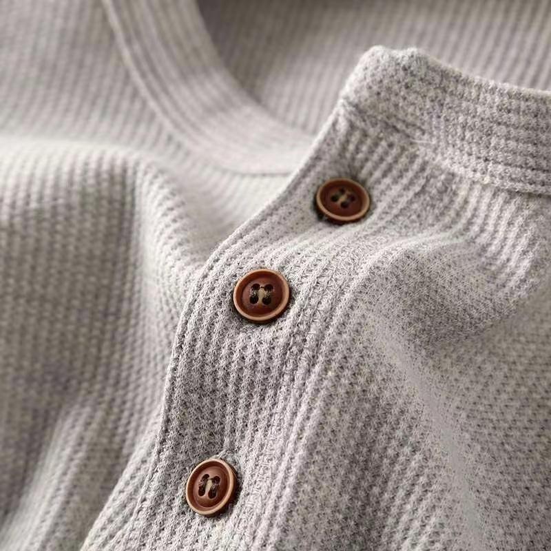 Slim Fit Men's Basic Tee Casual T-shirts Waffle Long Sleeve Shirts Thermal Solid Half Button Breathable Cotton Shirts