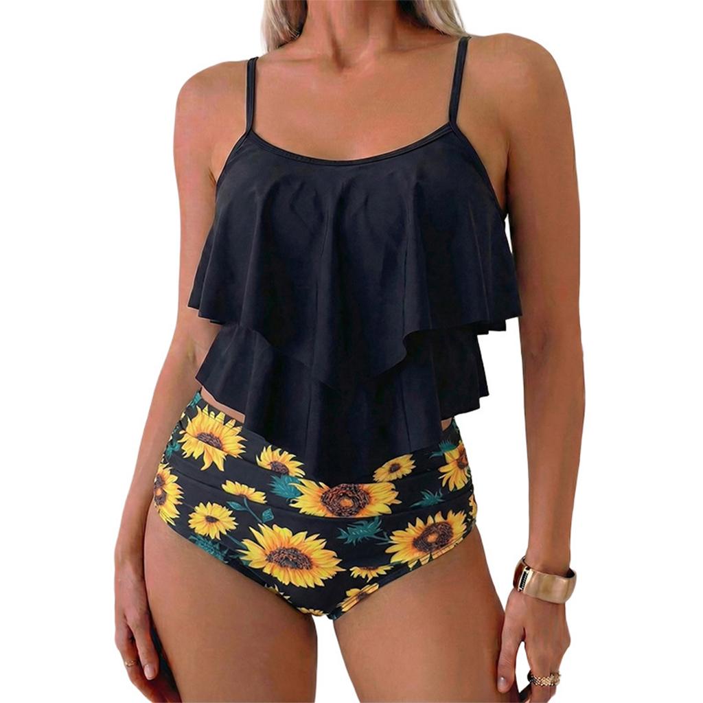 Women’s Two Piece Swimsuit Ruffle Tankini Top with Adjustable Straps and High Waist Floral Printed Bottoms