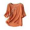 2024 Women's Cotton-Linen Embroidered Short Sleeve Shirt with Oblique Collar