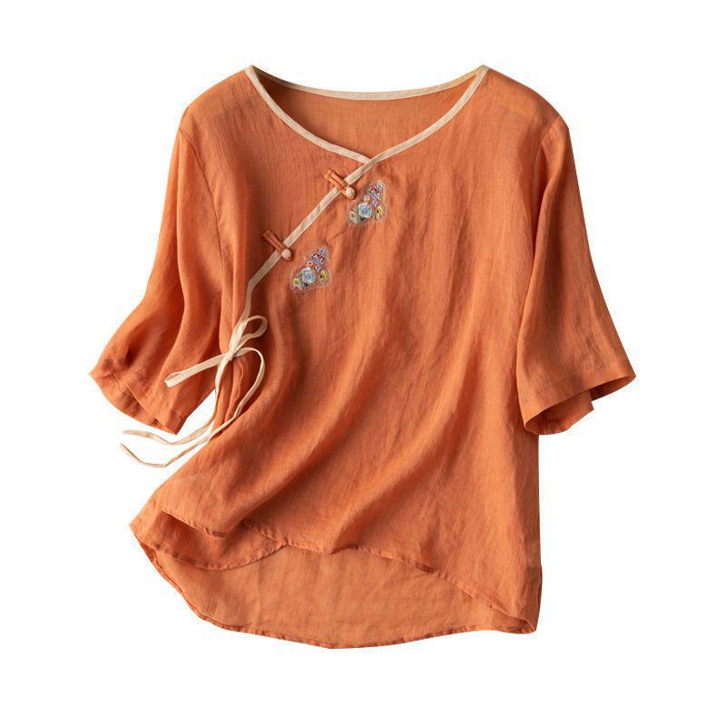 2024 Women's Cotton-Linen Embroidered Short Sleeve Shirt with Oblique Collar