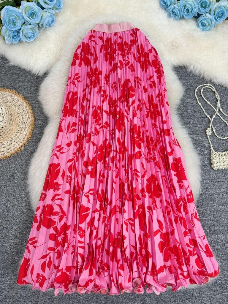 3D Printed Pleated Midi Skirt - 98cm Versatile A-line for Women