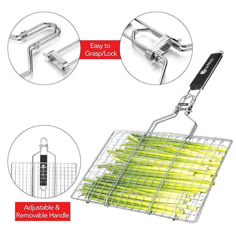 Grilling Basket Folding Portable Outdoor Camping Stainless Steel BBQ Rack with Removable Handle Barbecue Griller Cooking Tool
