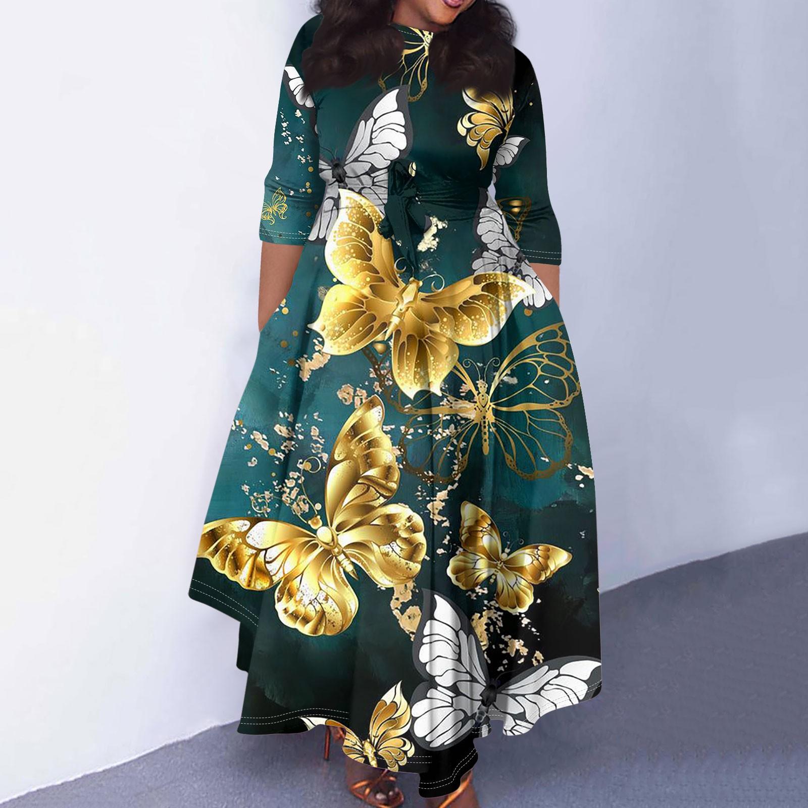 

Женское повседневное модное свободное платье большого размера с цветочным принтом и круглым вырезом, рукавами три четверти, карманами и бретелями XXXXL