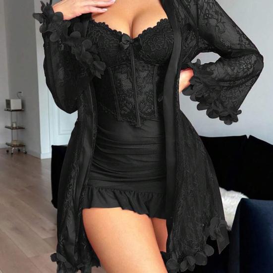 Women's 2 Piece Mesh Pajamas Set, Lace Cami Nightgown with Kimono Robe Nightwear Set, Babydoll Chemise Sheer Sleepwear