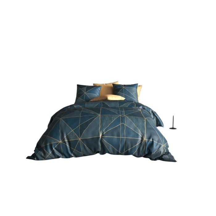 Parure De Lit - Housse Couette + 2 Taies - 260 X 240 Cm - Géométrique - Bleu Pétrole Et Doré